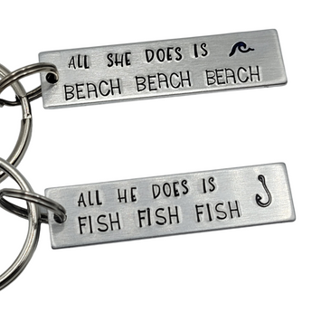 "All she does is beach, beach, beach"/ "fish, fish, fish" PICK YOUR DESIGN KEYCHAIN - Travelers Trade Post