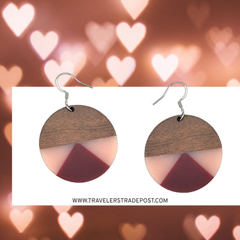 Pink and red circle Wood/ Resin drop earrings