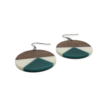 Teal and shell white circle Wood/ Resin drop earrings - Travelers Trade Post
