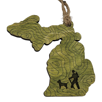 Michigan hiker and dog Christmas Wood Ornament - Michigan Shape - Travelers Trade Post