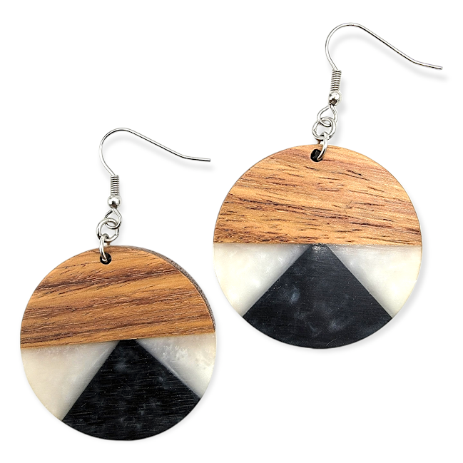 Black and shell white circle Wood/ Resin drop earrings - Travelers Trade Post