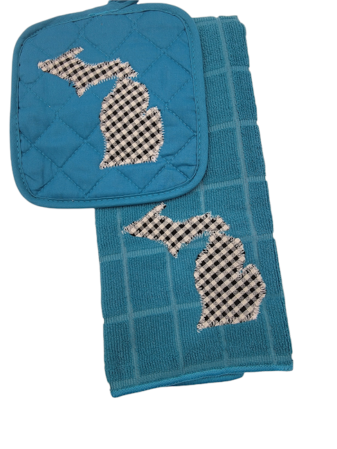 Michigan Kitchen Towel Set - Teal with Black and white plaid- State of Michigan Shape - Travelers Trade Post