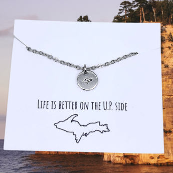 U.P. Michigan Necklace - Hand Stamped Stainless Steel - Travelers Trade Post