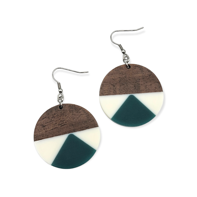 Teal and shell white circle Wood/ Resin drop earrings - Travelers Trade Post
