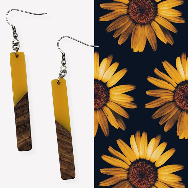 Sunflower Yellow Wood/ Resin 2" drop earrings - Travelers Trade Post